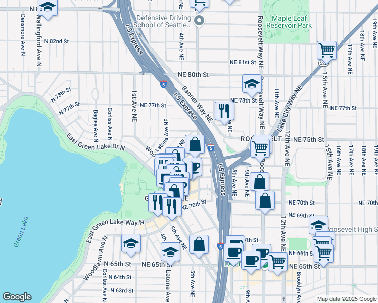 map of restaurants, bars, coffee shops, grocery stores, and more near 442 Northeast Maple Leaf Place in Seattle