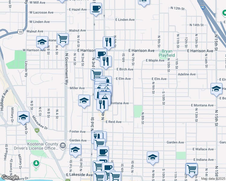 map of restaurants, bars, coffee shops, grocery stores, and more near 924 North 5th Street in Coeur d'Alene