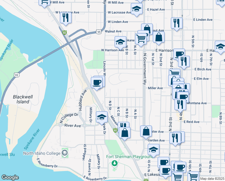 map of restaurants, bars, coffee shops, grocery stores, and more near 1003 C Street in Coeur d'Alene