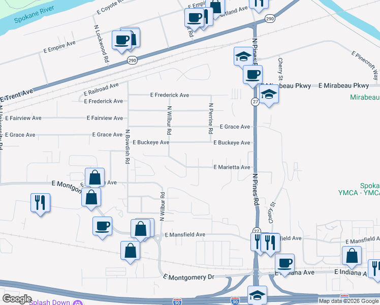 map of restaurants, bars, coffee shops, grocery stores, and more near 2723 North Gary Laurie Court in Spokane Valley