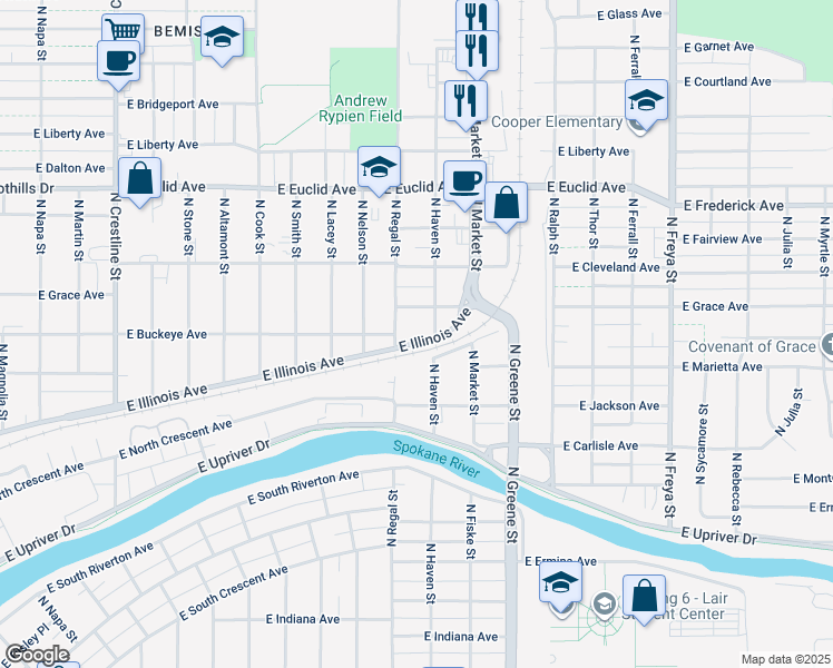 map of restaurants, bars, coffee shops, grocery stores, and more near 2909 East Illinois Avenue in Spokane