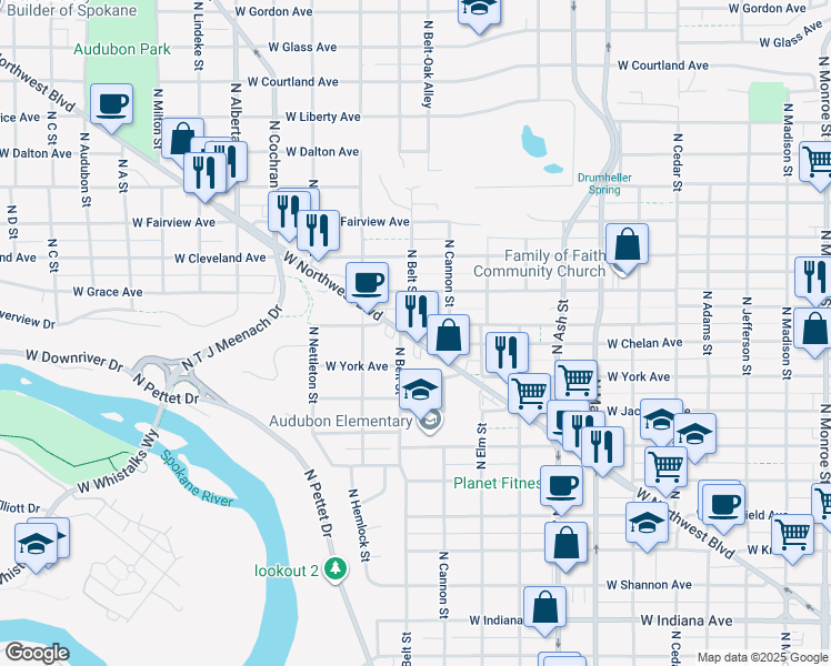 map of restaurants, bars, coffee shops, grocery stores, and more near 2023 West Northwest Boulevard in Spokane