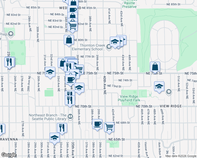 map of restaurants, bars, coffee shops, grocery stores, and more near 7326 39th Avenue Northeast in Seattle
