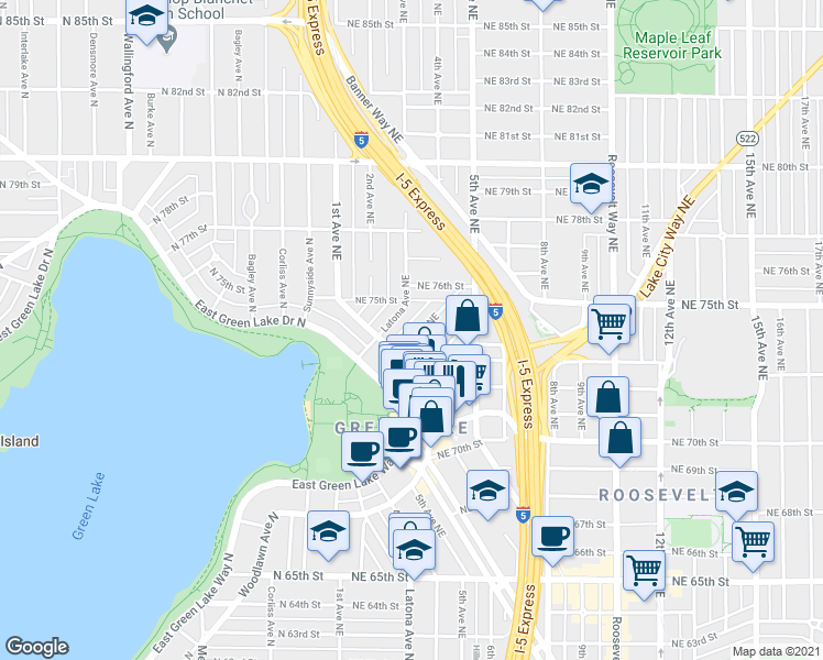map of restaurants, bars, coffee shops, grocery stores, and more near 7420 4th Avenue Northeast in Seattle