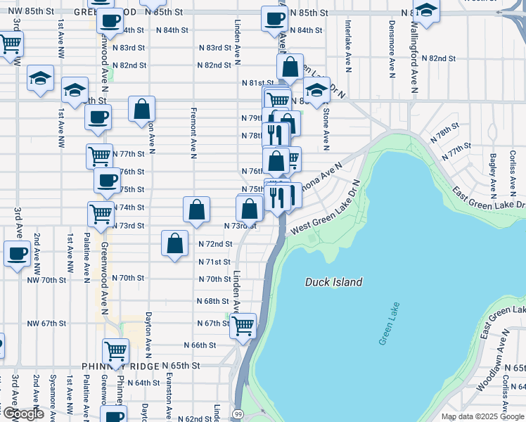 map of restaurants, bars, coffee shops, grocery stores, and more near in Seattle
