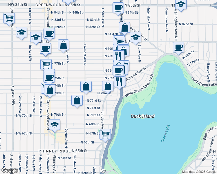 map of restaurants, bars, coffee shops, grocery stores, and more near in Seattle