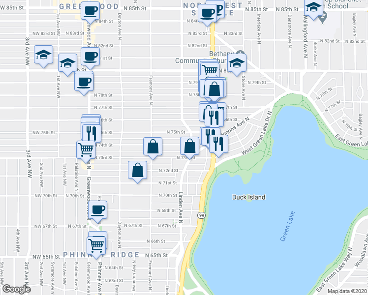 map of restaurants, bars, coffee shops, grocery stores, and more near 756 North 73rd Street in Seattle