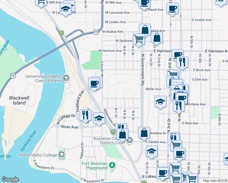 map of restaurants, bars, coffee shops, grocery stores, and more near 1015 C Street in Coeur d'Alene