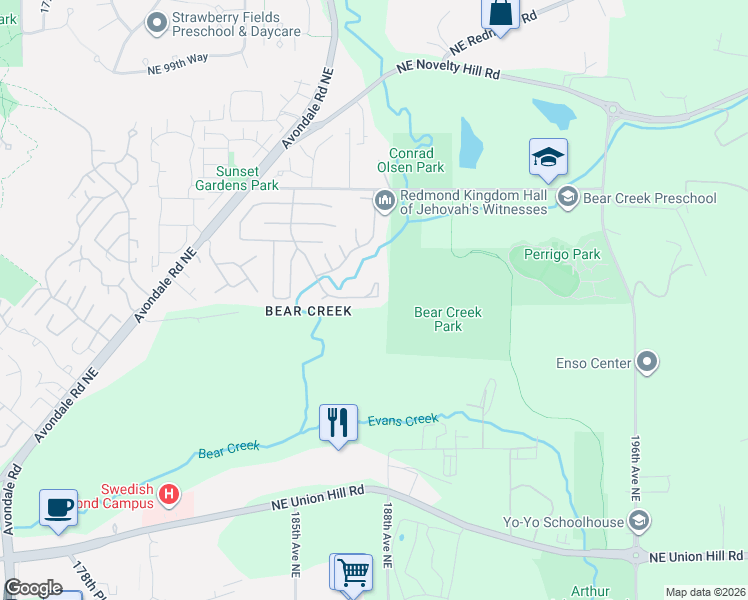 map of restaurants, bars, coffee shops, grocery stores, and more near 18425 Northeast 95th Street in Redmond