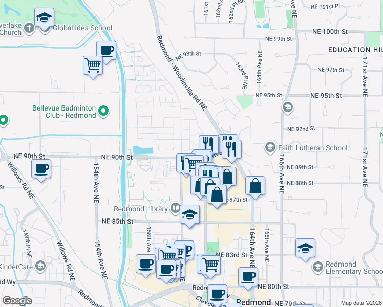 map of restaurants, bars, coffee shops, grocery stores, and more near 16105 Northeast 90th Way in Redmond