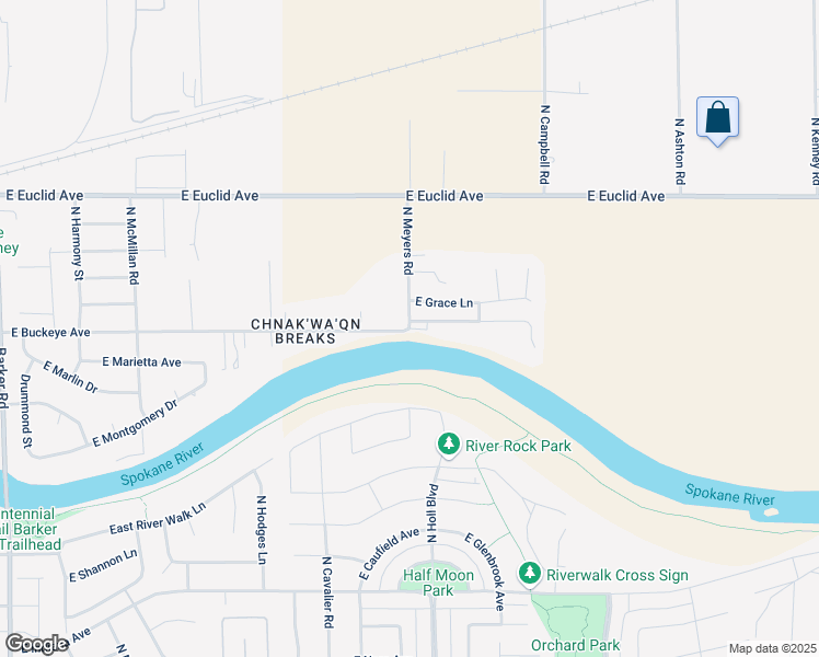 map of restaurants, bars, coffee shops, grocery stores, and more near North Meyers Road in Liberty Lake