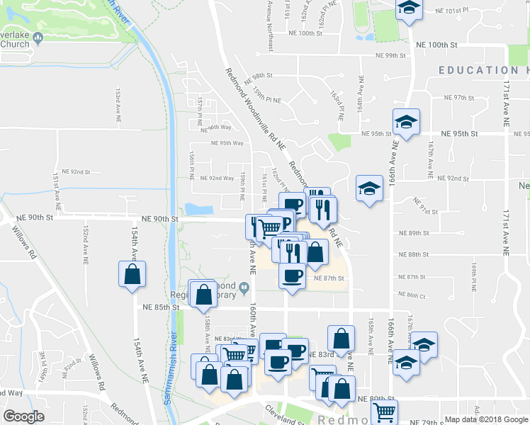map of restaurants, bars, coffee shops, grocery stores, and more near 16101 Northeast 90th Way in Redmond