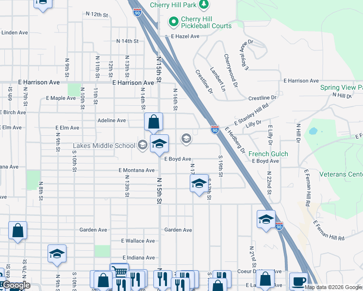 map of restaurants, bars, coffee shops, grocery stores, and more near 1606 East Hastings Avenue in Coeur d'Alene