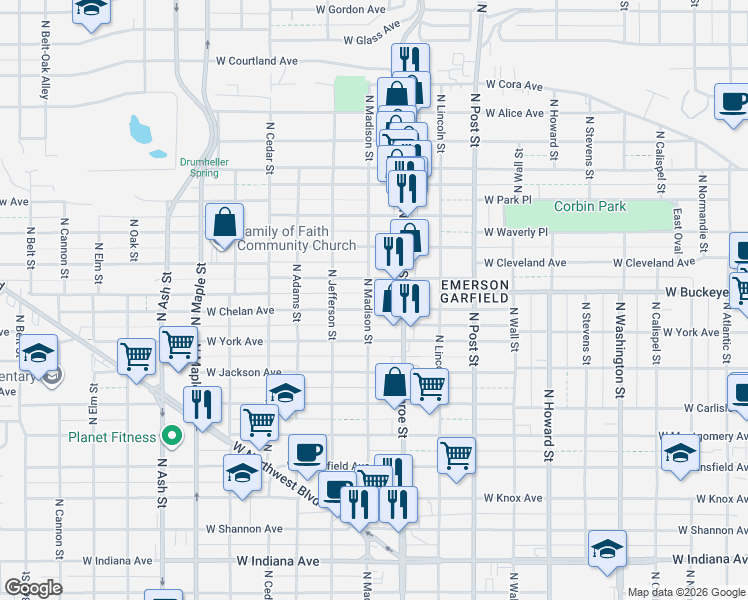 map of restaurants, bars, coffee shops, grocery stores, and more near 1019 West Chelan Avenue in Spokane