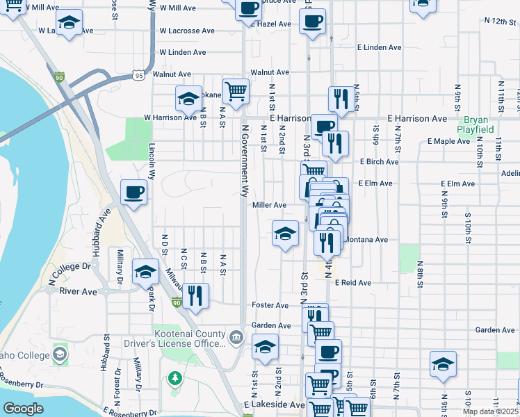 map of restaurants, bars, coffee shops, grocery stores, and more near 858 North Government Way in Coeur d'Alene