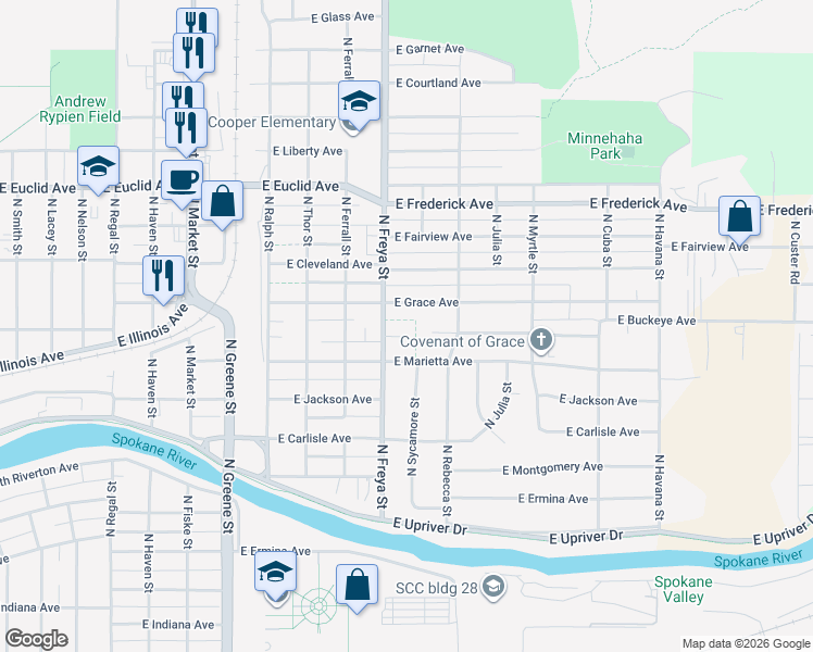 map of restaurants, bars, coffee shops, grocery stores, and more near 3610 East Buckeye Court in Spokane