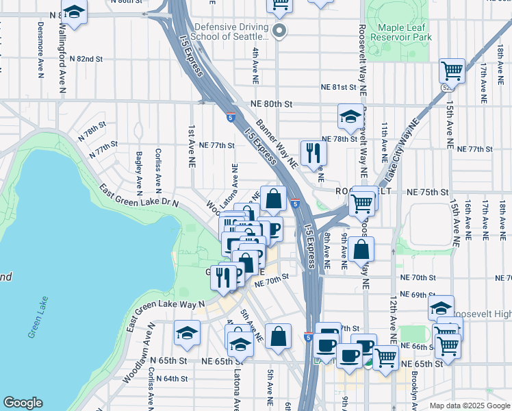 map of restaurants, bars, coffee shops, grocery stores, and more near 7420 4th Avenue Northeast in Seattle