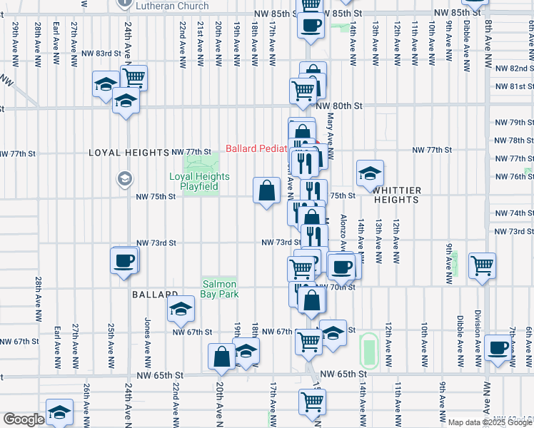 map of restaurants, bars, coffee shops, grocery stores, and more near 7319 17th Avenue Northwest in Seattle