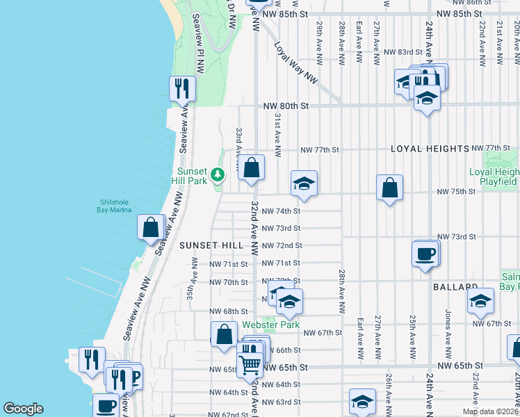 map of restaurants, bars, coffee shops, grocery stores, and more near 7311 32nd Avenue Northwest in Seattle