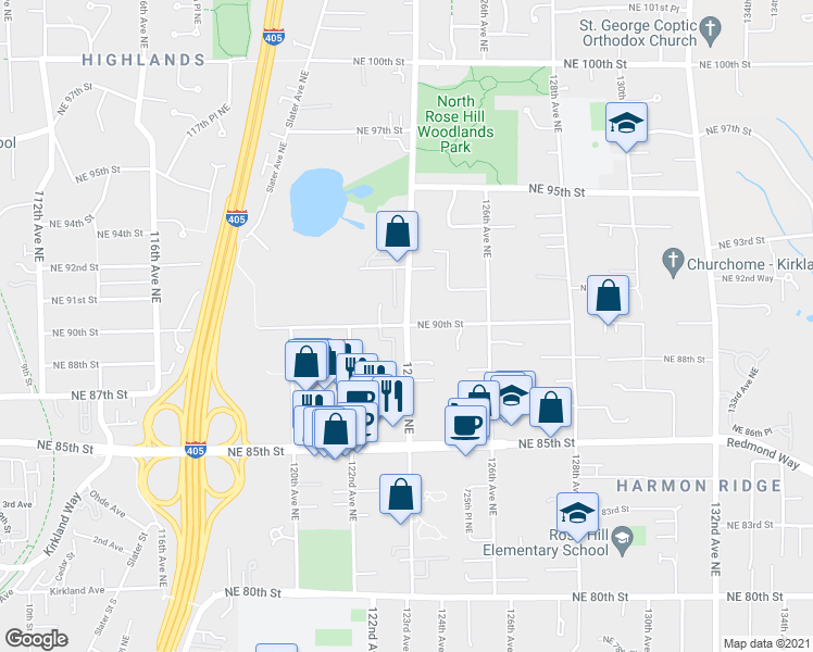 map of restaurants, bars, coffee shops, grocery stores, and more near 8801 123rd Lane Northeast in Kirkland