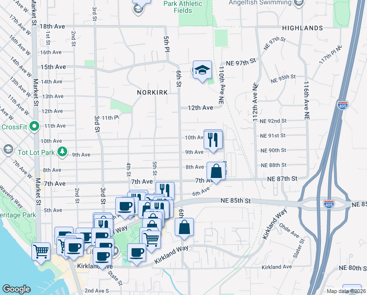 map of restaurants, bars, coffee shops, grocery stores, and more near 910 6th Street in Kirkland