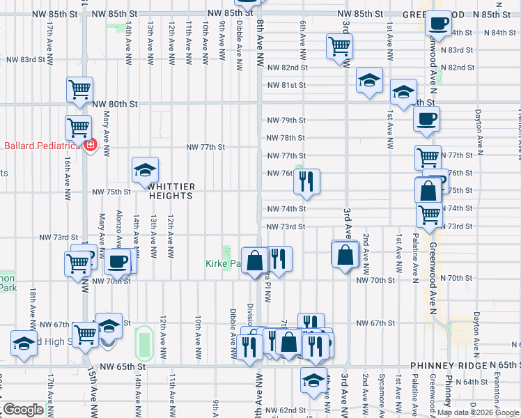 map of restaurants, bars, coffee shops, grocery stores, and more near Northwest 74th Street in Seattle