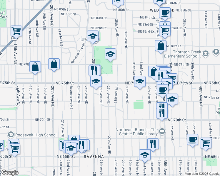 map of restaurants, bars, coffee shops, grocery stores, and more near 7264 27th Avenue Northeast in Seattle