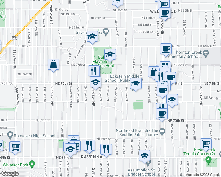 map of restaurants, bars, coffee shops, grocery stores, and more near 7264 27th Avenue Northeast in Seattle