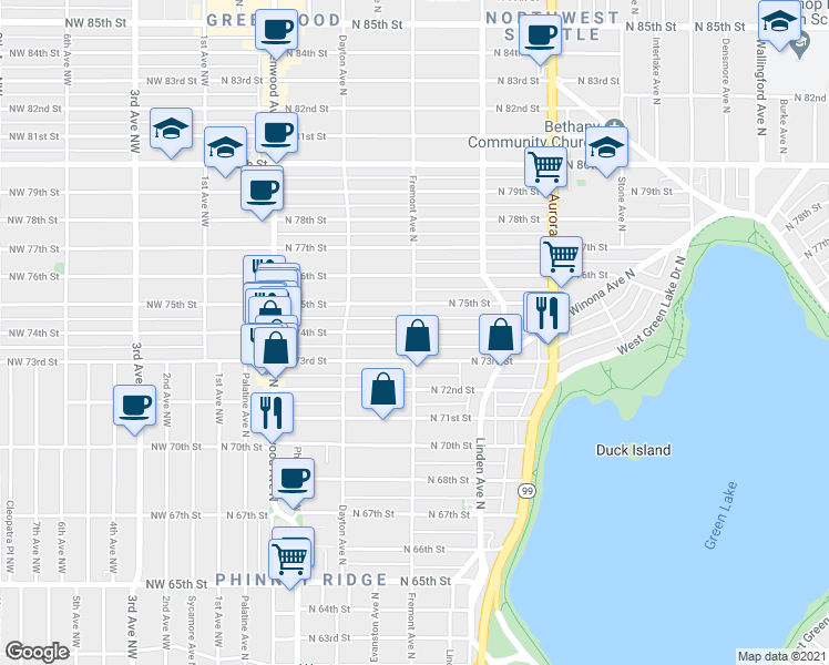 map of restaurants, bars, coffee shops, grocery stores, and more near Fremont Ave N & N 74th St in Seattle