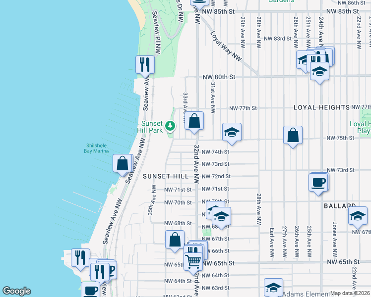 map of restaurants, bars, coffee shops, grocery stores, and more near 3220 Northwest 74th Street in Seattle