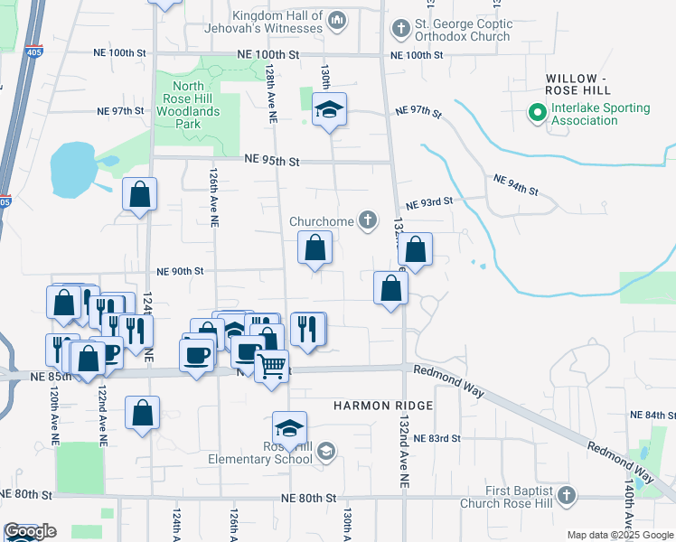 map of restaurants, bars, coffee shops, grocery stores, and more near 12925 Northeast 90th Street in Kirkland