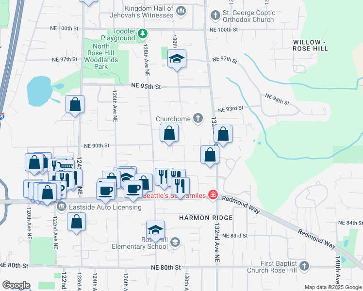 map of restaurants, bars, coffee shops, grocery stores, and more near 12925 Northeast 90th Street in Kirkland