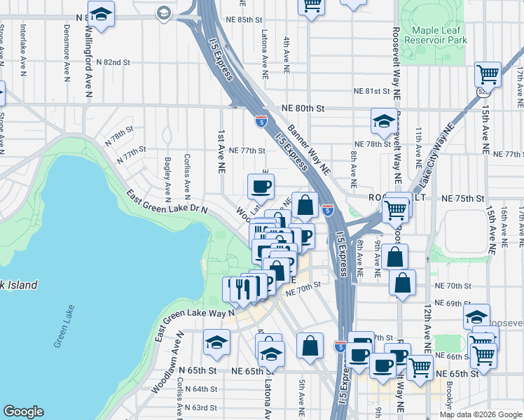 map of restaurants, bars, coffee shops, grocery stores, and more near 7420 Latona Avenue Northeast in Seattle