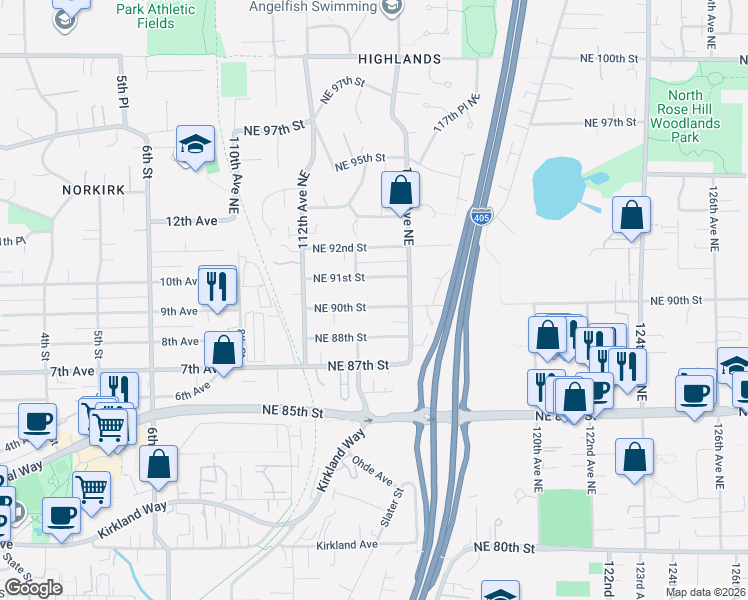 map of restaurants, bars, coffee shops, grocery stores, and more near 11418 Northeast 90th Street in Kirkland