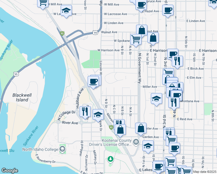 map of restaurants, bars, coffee shops, grocery stores, and more near 1003 C Street in Coeur d'Alene