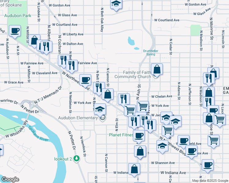 map of restaurants, bars, coffee shops, grocery stores, and more near 1917 West Chelan Avenue in Spokane