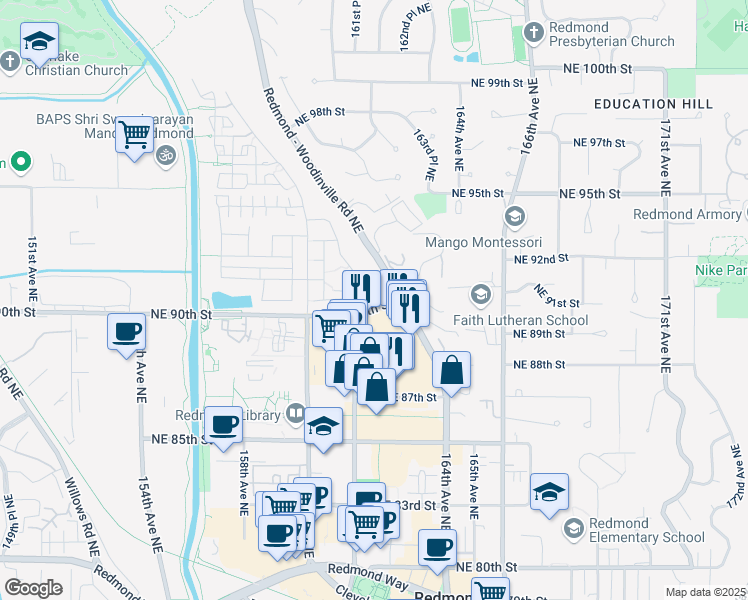 map of restaurants, bars, coffee shops, grocery stores, and more near 8960 161st Avenue Northeast in Redmond