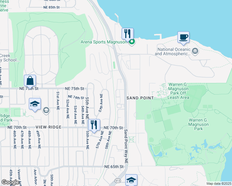 map of restaurants, bars, coffee shops, grocery stores, and more near 7309 Sand Point Way Northeast in Seattle