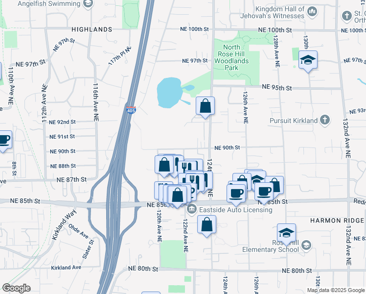 map of restaurants, bars, coffee shops, grocery stores, and more near 12202 Northeast 90th Street in Kirkland