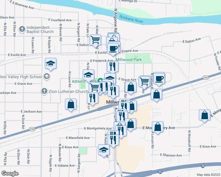 map of restaurants, bars, coffee shops, grocery stores, and more near 2805 North Argonne Road in Spokane