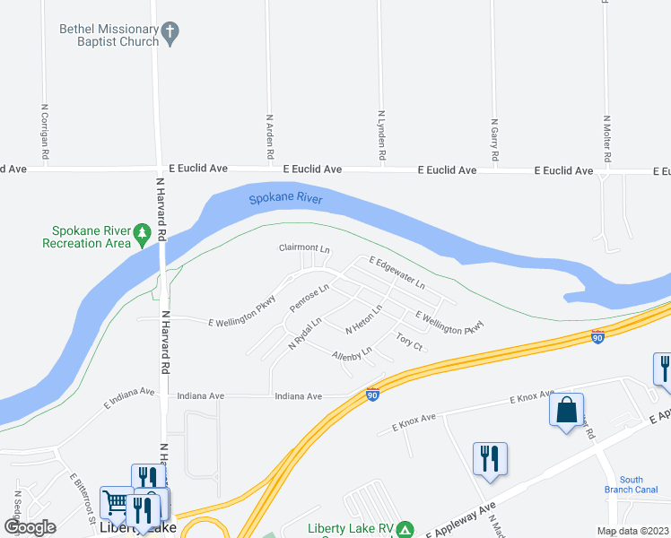 map of restaurants, bars, coffee shops, grocery stores, and more near 22503 East Penrose Loop in Liberty Lake