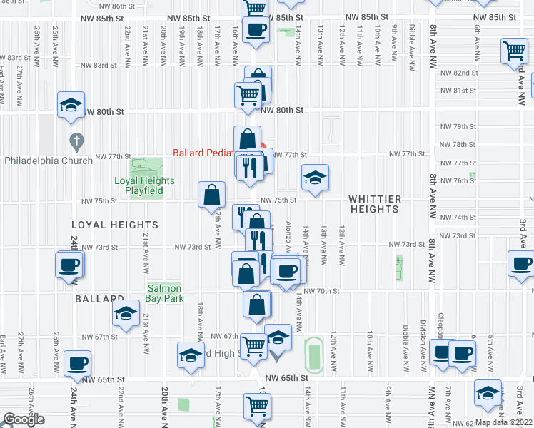 map of restaurants, bars, coffee shops, grocery stores, and more near 7339 Mary Avenue Northwest in Seattle