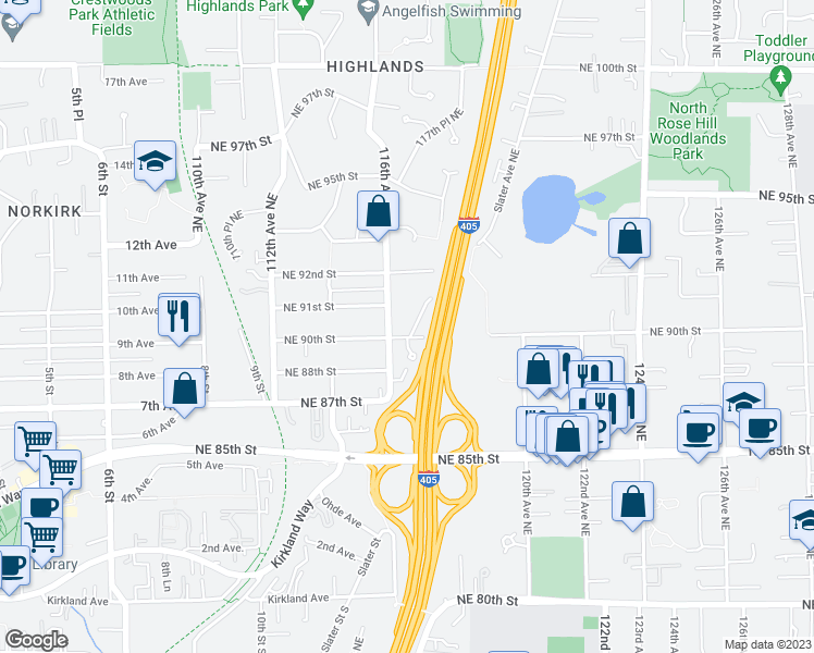 map of restaurants, bars, coffee shops, grocery stores, and more near 9017 Slater Avenue Northeast in Kirkland