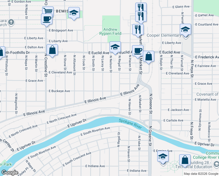 map of restaurants, bars, coffee shops, grocery stores, and more near 2809 East Illinois Avenue in Spokane