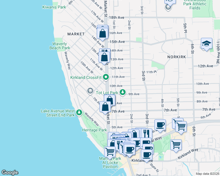 map of restaurants, bars, coffee shops, grocery stores, and more near 820 Market Street in Kirkland