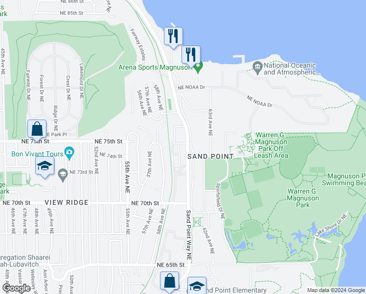 map of restaurants, bars, coffee shops, grocery stores, and more near 7400 Sand Point Way Northeast in Seattle