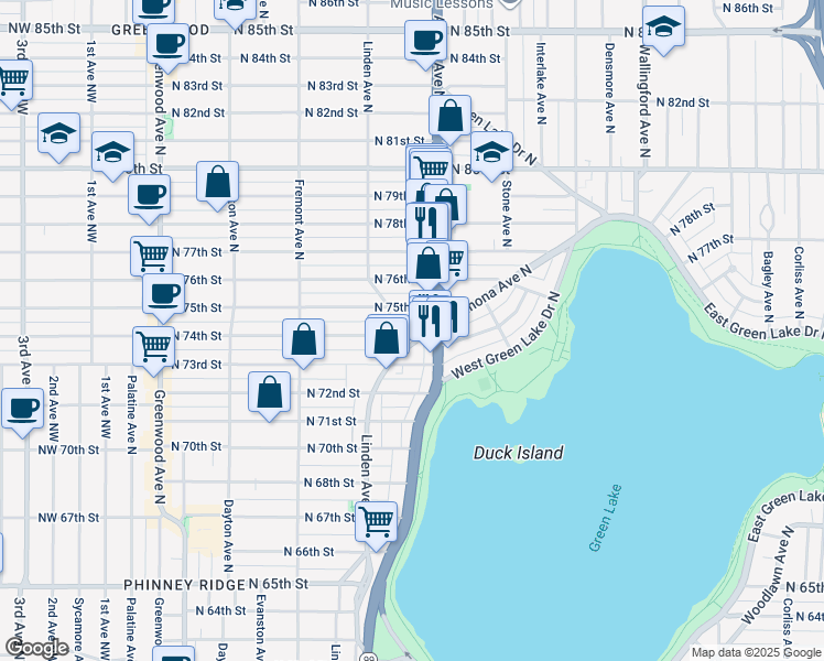 map of restaurants, bars, coffee shops, grocery stores, and more near in Seattle