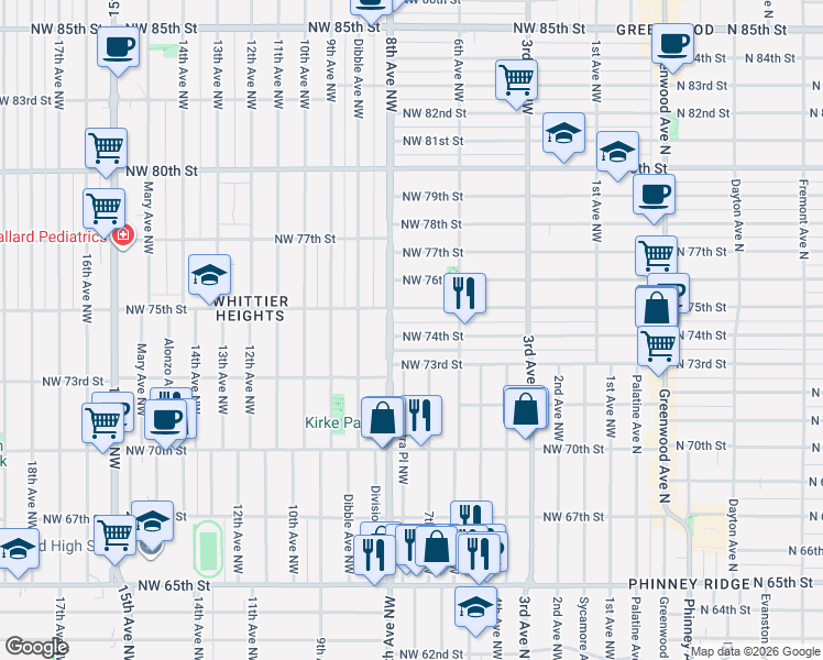 map of restaurants, bars, coffee shops, grocery stores, and more near 718 Northwest 73rd Street in Seattle
