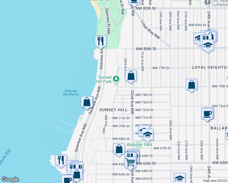 map of restaurants, bars, coffee shops, grocery stores, and more near 7305 34th Avenue Northwest in Seattle