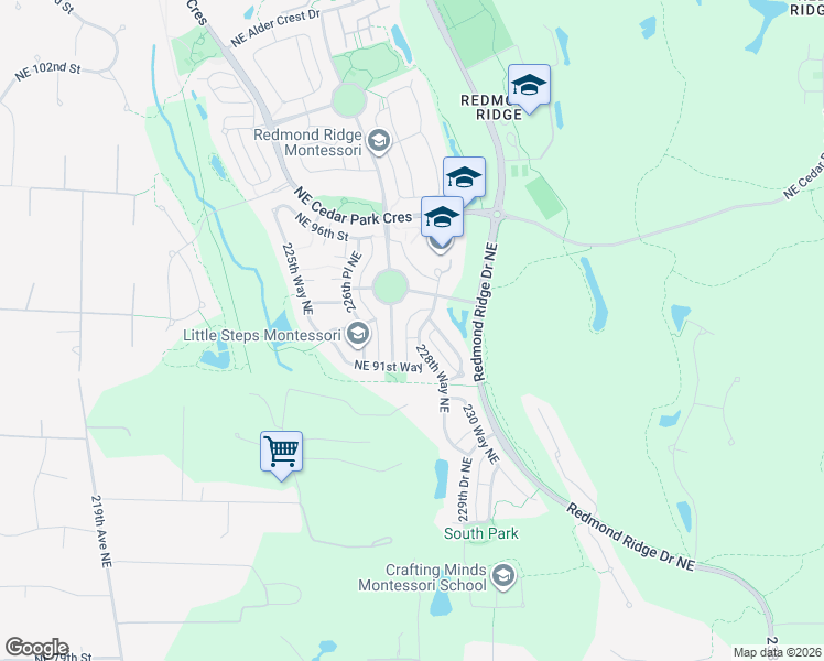 map of restaurants, bars, coffee shops, grocery stores, and more near 9100 228th Way Northeast in Redmond